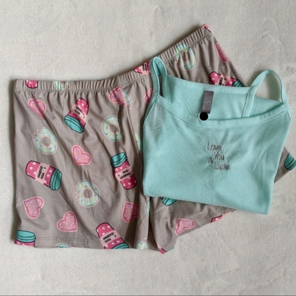 Pj Couture Love You A Latte Coffee PJ Set Sleeveless Top Shorts Aqua L NWT